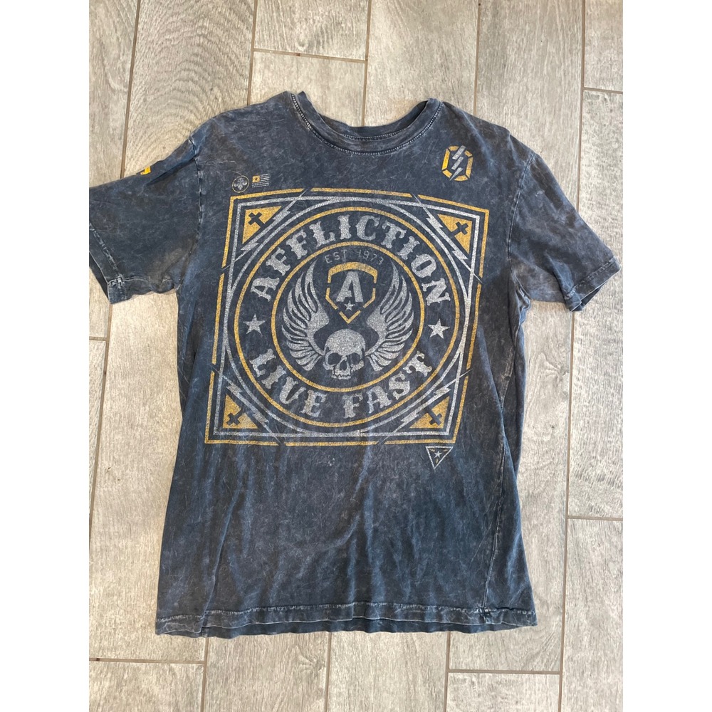 Affliction Mens Live Fast Skull Graphic‎ T-Shirt Gray Acid Wash Medium MMA Tee
